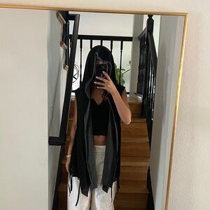 Black Hooded Draped Vest with Contrast Trim